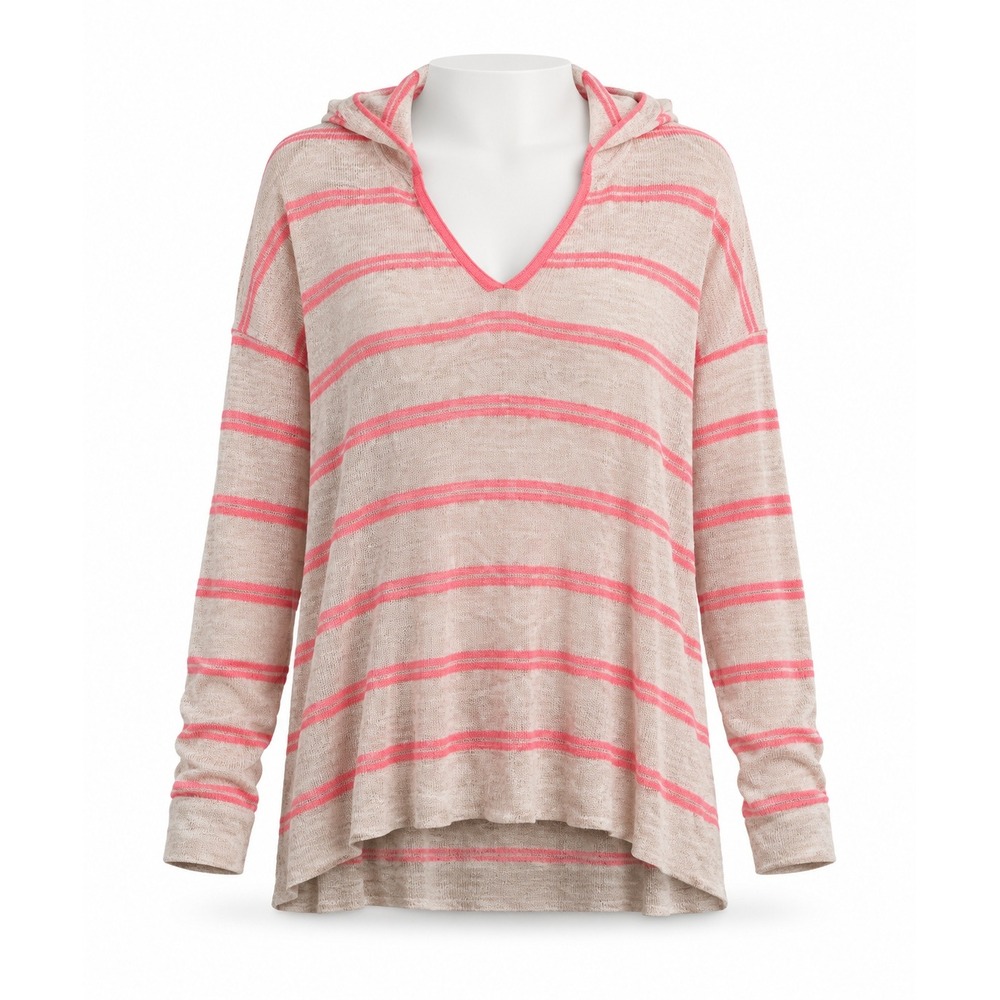 Loft XXL Pink Striped 100% Linen Hooded Sweater V-Neck Lightweight Boho Coastal